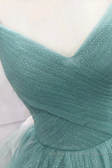 V Neck Open Back Fluffy Green Tulle Long Semi Formal Prom Dresses, Green Formal Evening Dresses, Ball Gown