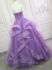 V Neck Open Back Fluffy Purple Tulle Long Semi Formal Prom Dress