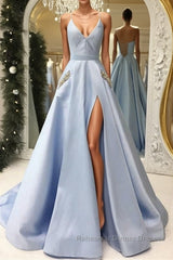 V Neck Open Back Light Blue Satin Long Semi Formal Prom Dresses with Pocket
