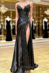 V Neck Open Back Mermaid Black Lace Long Semi Formal Prom Dresses, Mermaid Black Lace Formal Dresses