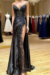 V Neck Open Back Mermaid Black Lace Long Semi Formal Prom Dresses with High Slit, Mermaid Black Formal Dresses, Black Lace Evening Dresses