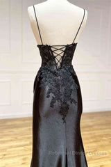 V Neck Open Back Mermaid Black Lace Long Semi Formal Prom Dresses with High Slit, Mermaid Black Formal Dresses, Black Lace Evening Dresses