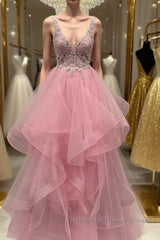 V Neck Open Back Pink Lace Puffy Tulle Long Semi Formal Prom Dresses, Pink Lace Formal Dresses, Pink Evening Dresses