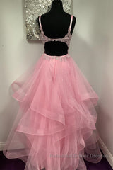 V Neck Open Back Pink Lace Puffy Tulle Long Semi Formal Prom Dresses, Pink Lace Formal Dresses, Pink Evening Dresses