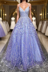 V Neck Open Back Purple Lace Floral Long Semi Formal Prom Dresses, Purple Lace Floral Formal Evening Dresses