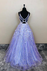 V Neck Open Back Purple Lace Floral Long Semi Formal Prom Dresses, Purple Lace Floral Formal Evening Dresses