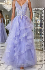 V Neck Open Back Purple Lace Long Semi Formal Prom Dresses, Purple Lace Formal Evening Dresses, Purple Ball Gown