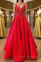 V Neck Open Back Red Lace Long Semi Formal Prom Dresses, Red Lace Formal Dresses, Beaded Red Evening Dresses