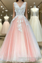 V Neck Pink Lace Appliques Long Sweet 16 Semi Formal Prom Dresses, Pink Lace Formal Dresses, Pink Evening Dresses