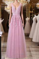V Neck Pink Lace Semi Formal Prom Dresses, Pink V Neck Lace Bridesmaid Formal Dresses