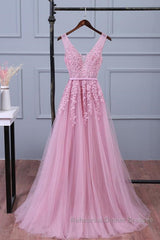V Neck Pink Lace Semi Formal Prom Dresses, Pink V Neck Lace Bridesmaid Formal Dresses