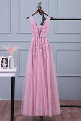V Neck Pink Lace Semi Formal Prom Dresses, Pink V Neck Lace Bridesmaid Formal Dresses