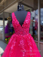V Neck Pink Lace Semi Formal Prom Dresses, Pink V Neck Long Lace Formal Evening Dresses