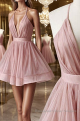 V Neck Pink Short Semi Formal Prom Dresses, Pink Homecoming Dresses, Short Pink Formal Evening Dresses