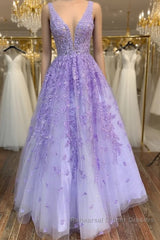 V Neck Purple Lace Long Semi Formal Prom Dresses, Long Purple Lace Formal Dresses, Lilac Lace Evening Dresses