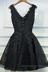 V Neck Short Black Lace Semi Formal Prom Dresses, Black Lace Homecoming Dresses, Short Black Formal Evening Dresses