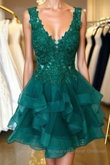 V Neck Short Green Lace Semi Formal Prom Dresses, Short Green Lace Graduation Homecoming Dresses