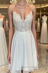 V Neck Short Lace Semi Formal Prom Dresses, Cute Short V Neck Lace Formal Homecoming Dresses