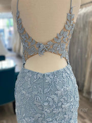 V Neck Short Light Blue Lace Semi Formal Prom Dresses, V Neck Blue Lace Short Graduation Homecoming Dresses