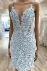 V Neck Short Light Blue Lace Semi Formal Prom Dresses, V Neck Blue Lace Short Graduation Homecoming Dresses