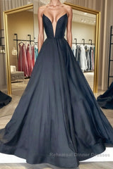 V Neck Strapless Black Satin Long Semi Formal Prom Dresses, Strapless Black Formal Dresses, Long Black Evening Dresses