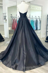 V Neck Strapless Black Satin Long Evening Prom Dress, Strapless Black Formal Dress, Long Black Evening Dress
