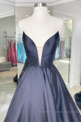 V Neck Strapless Black Satin Long Semi Formal Prom Dresses, Strapless Black Formal Dresses, Long Black Evening Dresses
