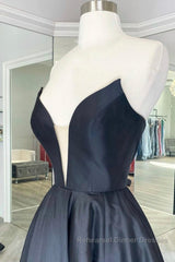 V Neck Strapless Black Satin Long Semi Formal Prom Dresses, Strapless Black Formal Dresses, Long Black Evening Dresses