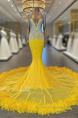 V Neck Yellow Feather Trumpet Mermaid Semi Formal Prom Dress