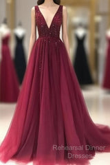 V Neckline Semi Formal Prom Dress Long , Evening Dress, Formal Dresses, Graduation School Party Dance Dress