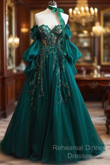 Vintage A Line Appliques Lace-Up A-Line Dark Green Tulle Semi Formal Prom Dresses