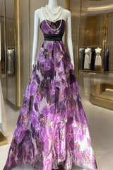 Vintage A Line Sleeveless Long Floral Chiffon Evening Dress Semi Formal Prom Dresses