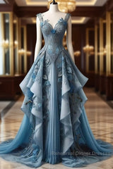 Vintage A Line Sweetheart Neck Chiffon Applique Long Semi Formal Prom Dress, Evening Dress