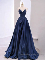 Vintage A-Line V Neck Satin Dark Blue Long Semi Formal Prom Dress, Blue Long Formal Dress