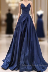 Vintage A-Line V Neck Satin Dark Blue Long Semi Formal Prom Dress, Blue Long Formal Dress
