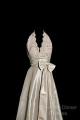 Vintage A Line V Neckline Champagne Lace Semi Formal Prom Gown Fairy Semi Formal Prom Dresses