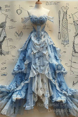 Vintage Ball Gown Strapless Off The Shoulder Blue Lace Semi Formal Prom Dresses Party Dress