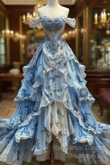 Vintage Ball Gown Strapless Off The Shoulder Blue Lace Semi Formal Prom Dresses Party Dress
