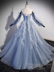 Vintage Ball Gown Strapless Satin Dusty Blue Tulle Long Semi Formal Prom Dress Formal Dresses