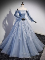 Vintage Ball Gown Strapless Satin Dusty Blue Tulle Long Semi Formal Prom Dress Formal Dresses
