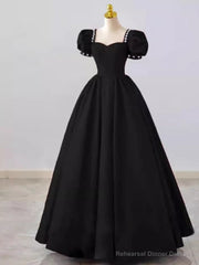 Vintage Ball Gown Satin Black Long Prom Dress Wedding Party Dresses