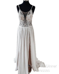 Vintage Boho V Neck Split Wedding Dress Lace Embroidery