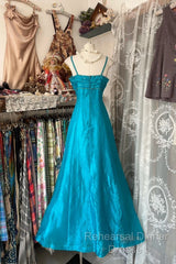 Vintage Fashion A Line Spaghetti Straps Blue Floor Length Evening Dress Semi Formal Prom Dresses