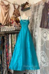 Vintage Fashion A Line Spaghetti Straps Blue Floor Length Evening Dress Semi Formal Prom Dresses