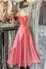 Vintage Fashion A Line Spaghetti Straps Pink Floor Length Evening Dress Semi Formal Prom Dresses