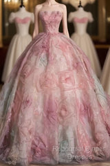 Vintage Fashion Ball Gown Strapless Pink Floral Floor Length Evening Dress Semi Formal Prom Dresses