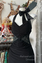 Vintage Fashion Mermaid Halter Black Floor Length Evening Dress Semi Formal Prom Dresses