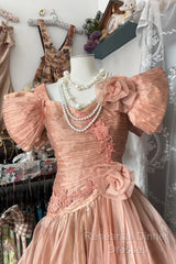 Vintage High Low Short Sleeves Flowers Evening Dress Semi Formal Prom Dresses