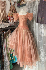 Vintage High Low Short Sleeves Flowers Evening Dress Semi Formal Prom Dresses