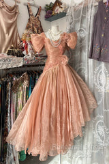 Vintage High Low Short Sleeves Flowers Evening Dress Semi Formal Prom Dresses